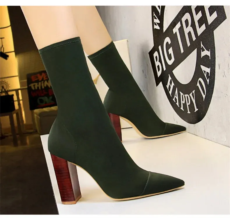 Socks Boots Black Pointed Toe Elastic Heels Autumn Winter Slimming Ankle Boots