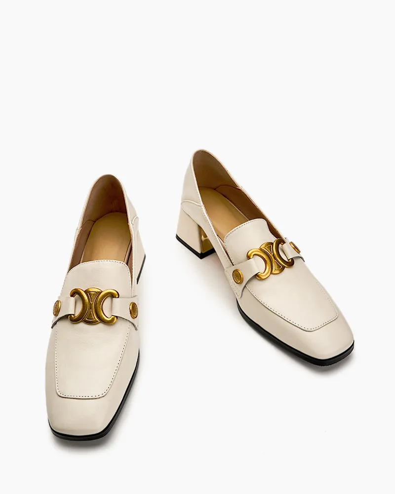 Soft Chunky Heel Metal Buckle Loafers