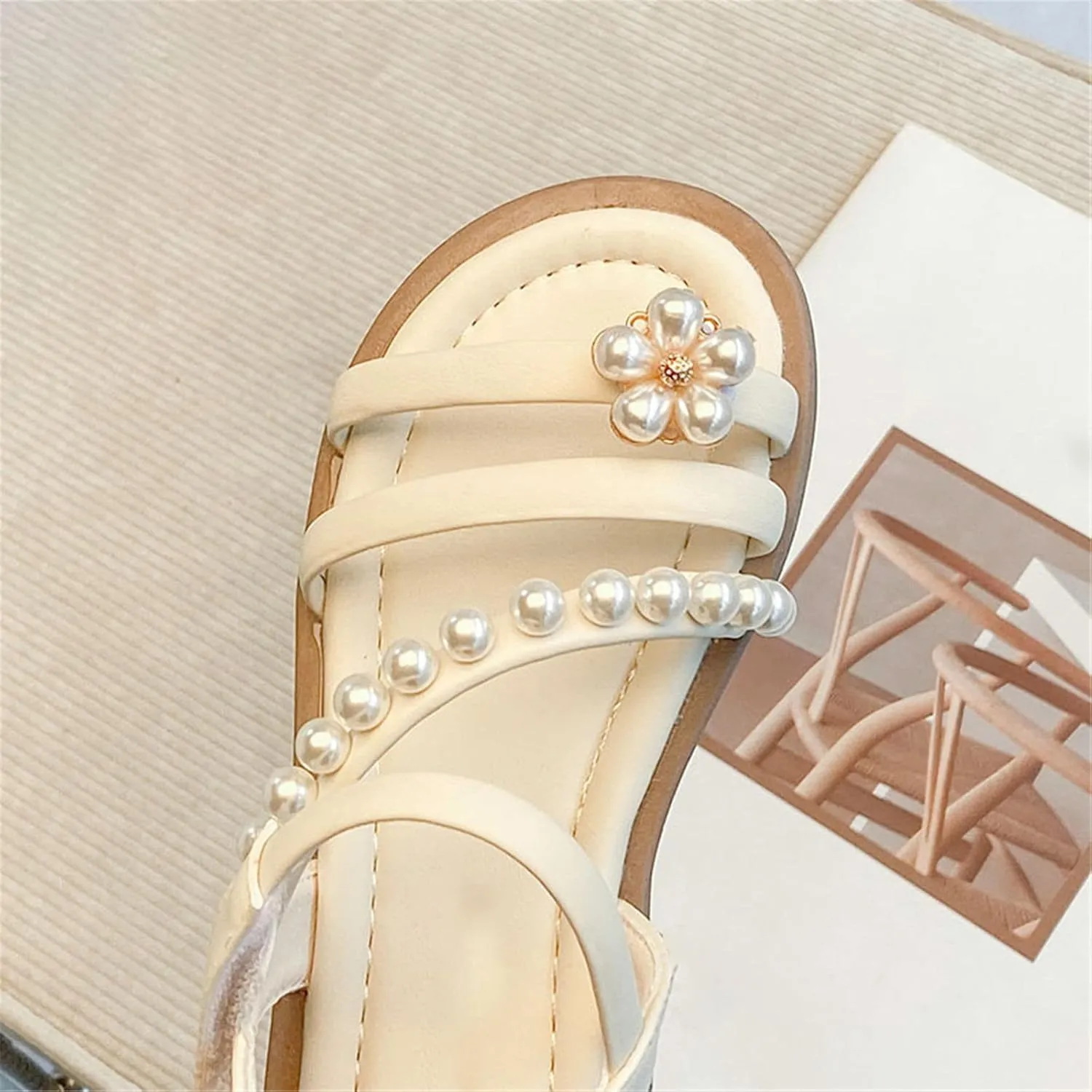 Toddler Girl Shoes Kids Girls Sandals Casual Open Toe Pearl Flower Design Light Weight Adjustable (Beige, 1 Big Kids)