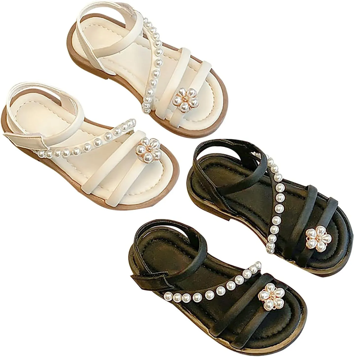 Toddler Girl Shoes Kids Girls Sandals Casual Open Toe Pearl Flower Design Light Weight Adjustable (Beige, 1 Big Kids)