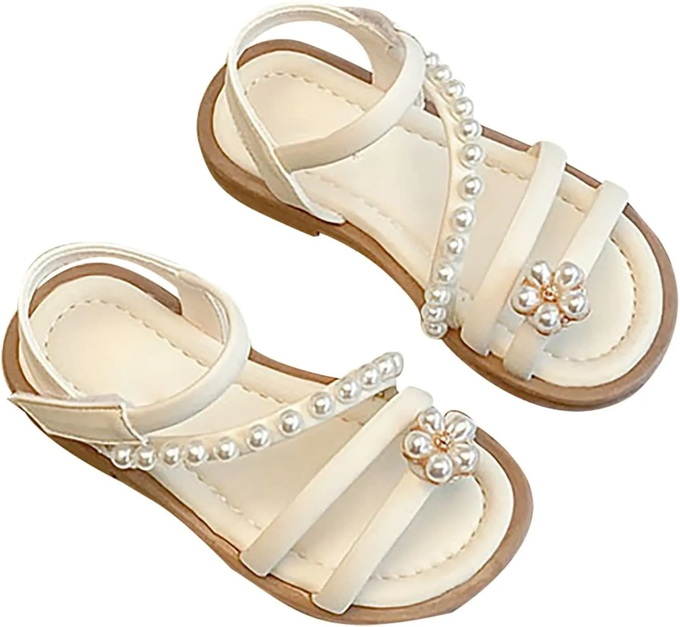 Toddler Girl Shoes Kids Girls Sandals Casual Open Toe Pearl Flower Design Light Weight Adjustable (Beige, 1 Big Kids)