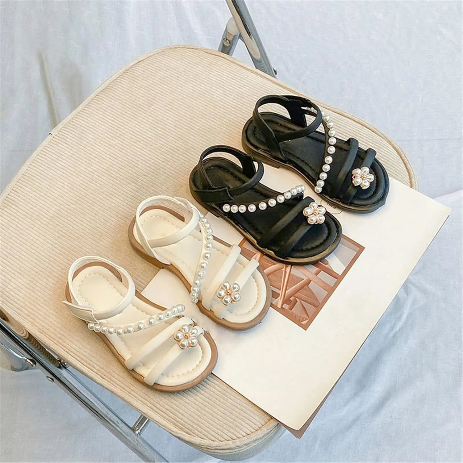 Toddler Girl Shoes Kids Girls Sandals Casual Open Toe Pearl Flower Design Light Weight Adjustable (Beige, 1 Big Kids)