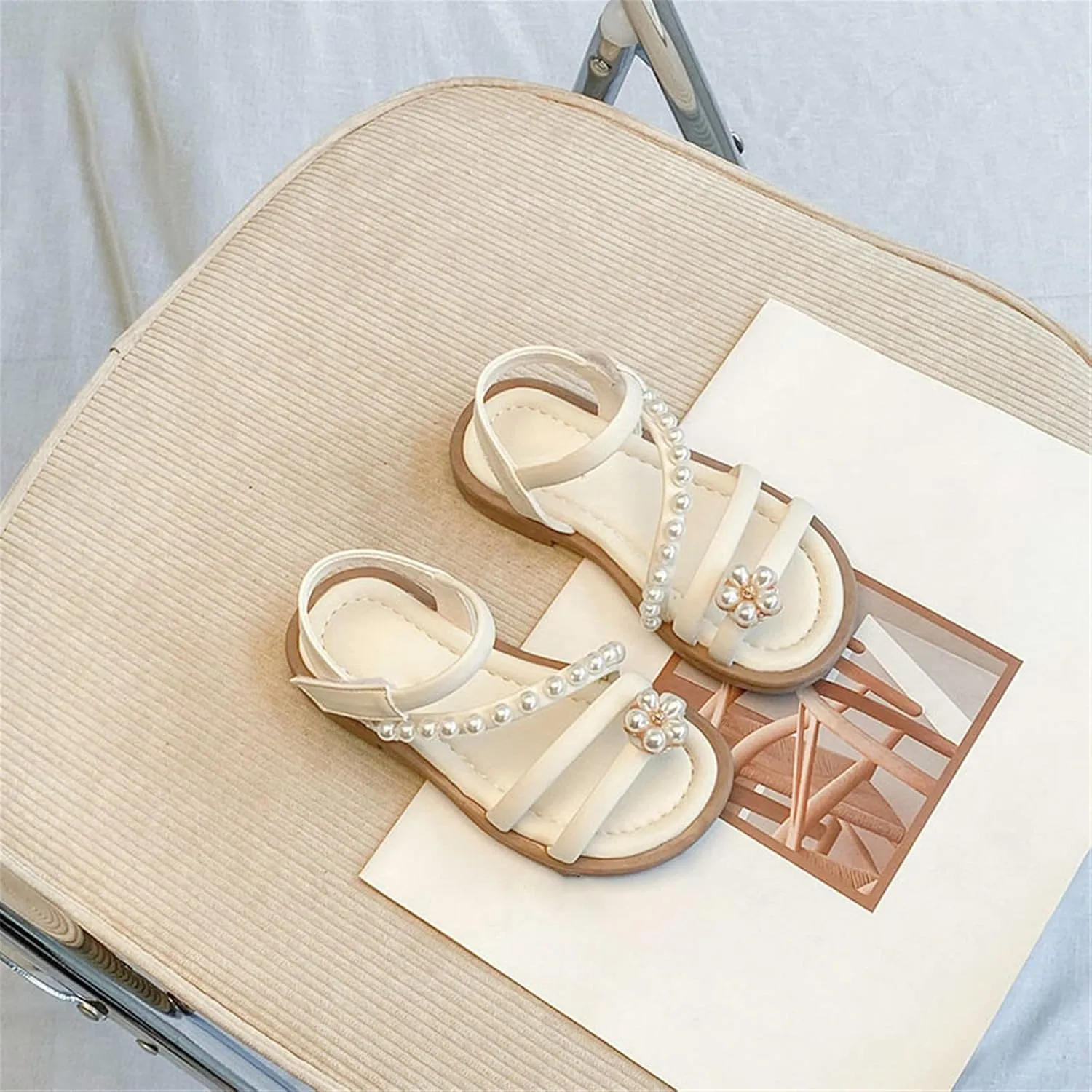 Toddler Girl Shoes Kids Girls Sandals Casual Open Toe Pearl Flower Design Light Weight Adjustable (Beige, 1 Big Kids)