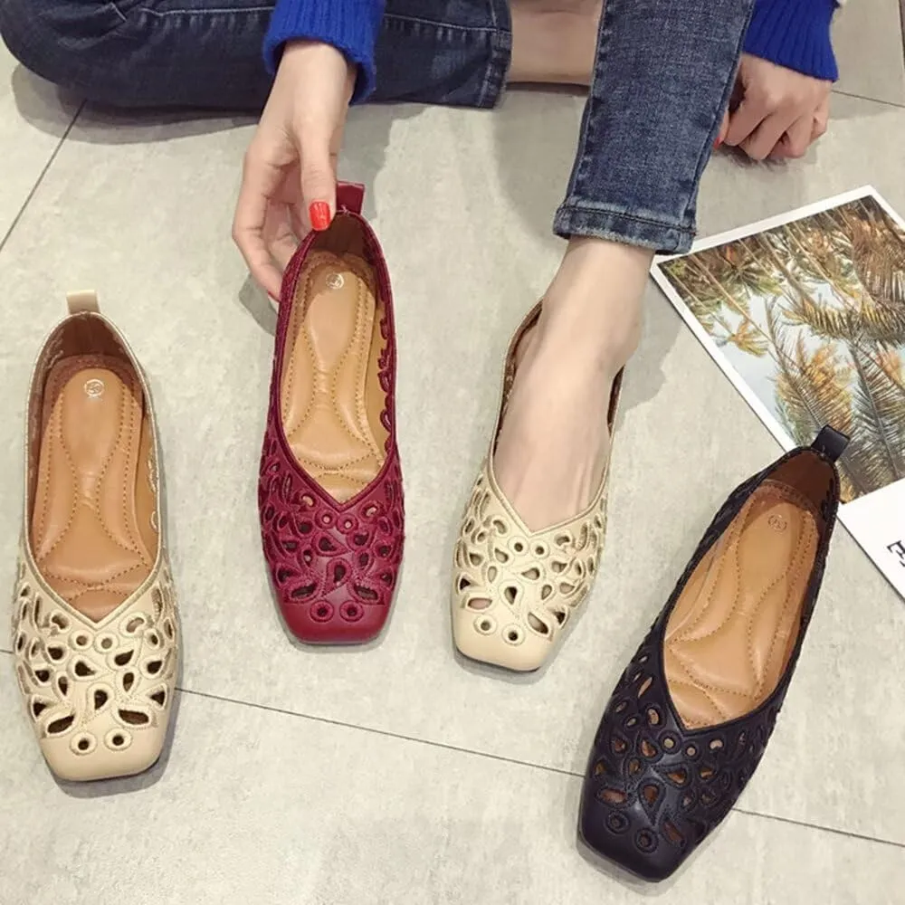 WENJIAZHIZHI Women's Floral Ballet Flats Comfortable Dress Shoes Square Toe Slip on Flat Shoes with Breathable Eyelets