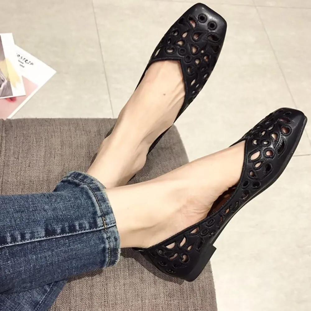 WENJIAZHIZHI Women's Floral Ballet Flats Comfortable Dress Shoes Square Toe Slip on Flat Shoes with Breathable Eyelets