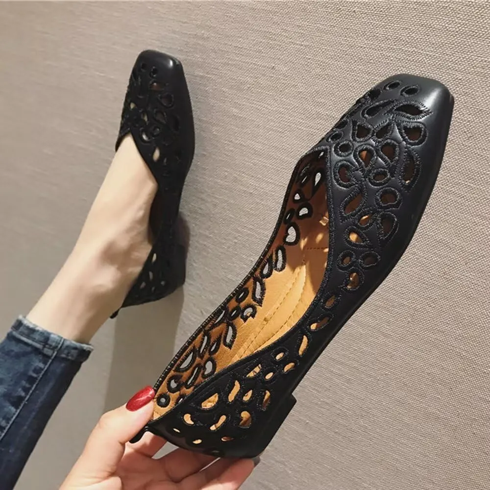 WENJIAZHIZHI Women's Floral Ballet Flats Comfortable Dress Shoes Square Toe Slip on Flat Shoes with Breathable Eyelets