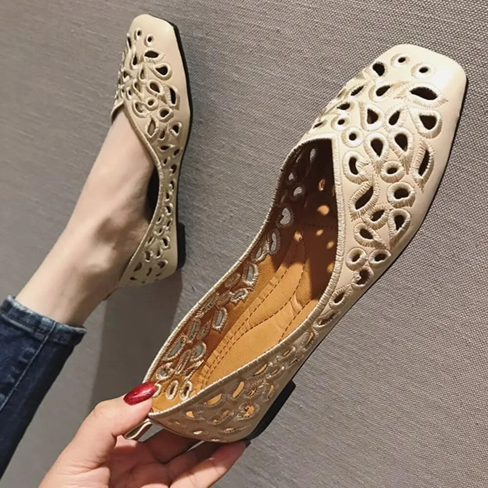 WENJIAZHIZHI Women's Floral Ballet Flats Comfortable Dress Shoes Square Toe Slip on Flat Shoes with Breathable Eyelets