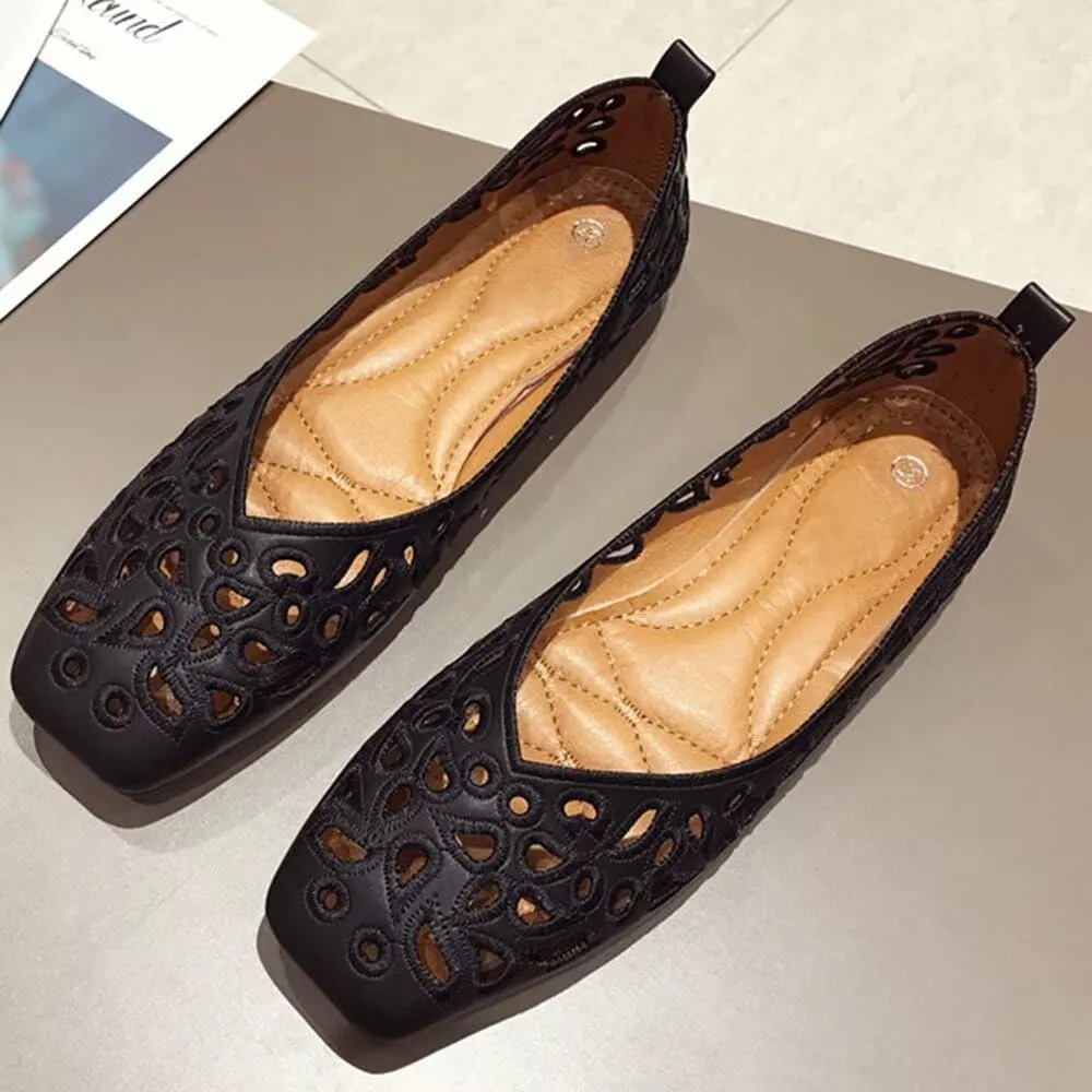 WENJIAZHIZHI Women's Floral Ballet Flats Comfortable Dress Shoes Square Toe Slip on Flat Shoes with Breathable Eyelets