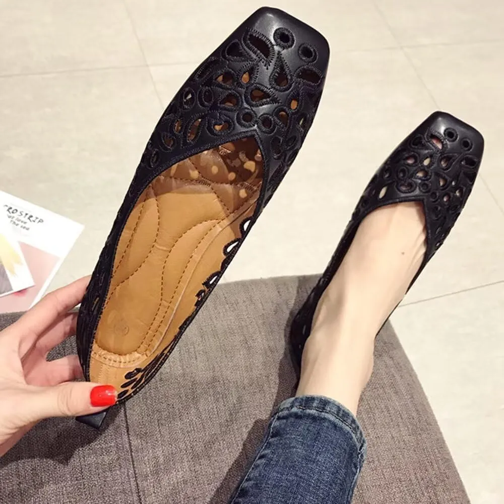 WENJIAZHIZHI Women's Floral Ballet Flats Comfortable Dress Shoes Square Toe Slip on Flat Shoes with Breathable Eyelets
