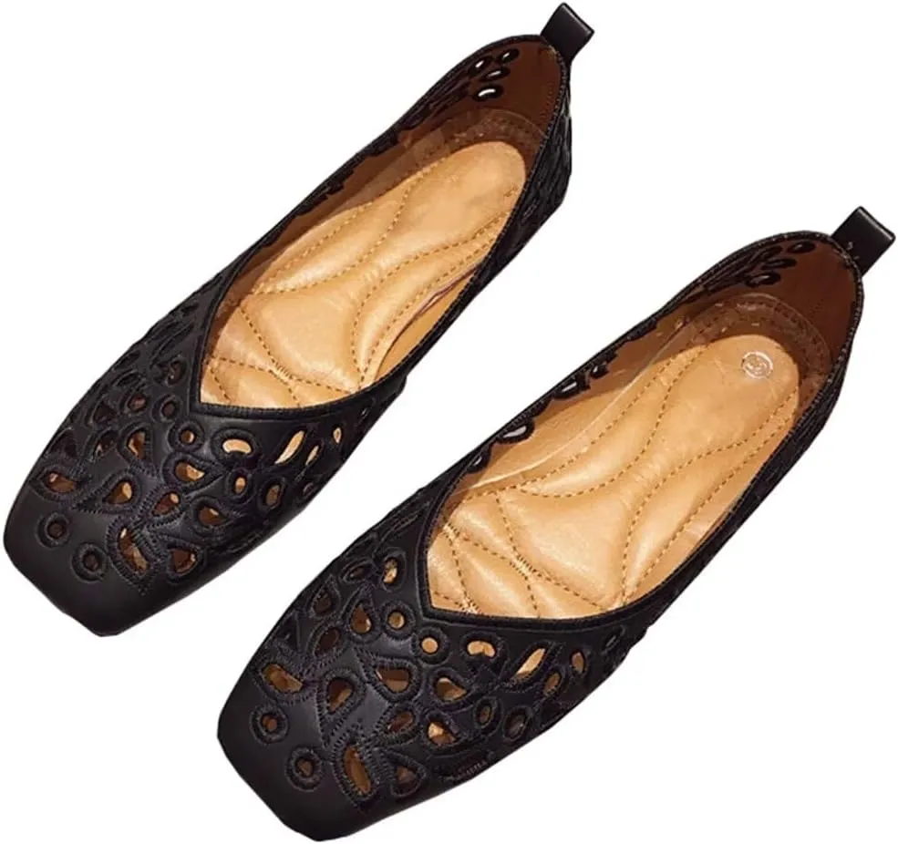 WENJIAZHIZHI Women's Floral Ballet Flats Comfortable Dress Shoes Square Toe Slip on Flat Shoes with Breathable Eyelets