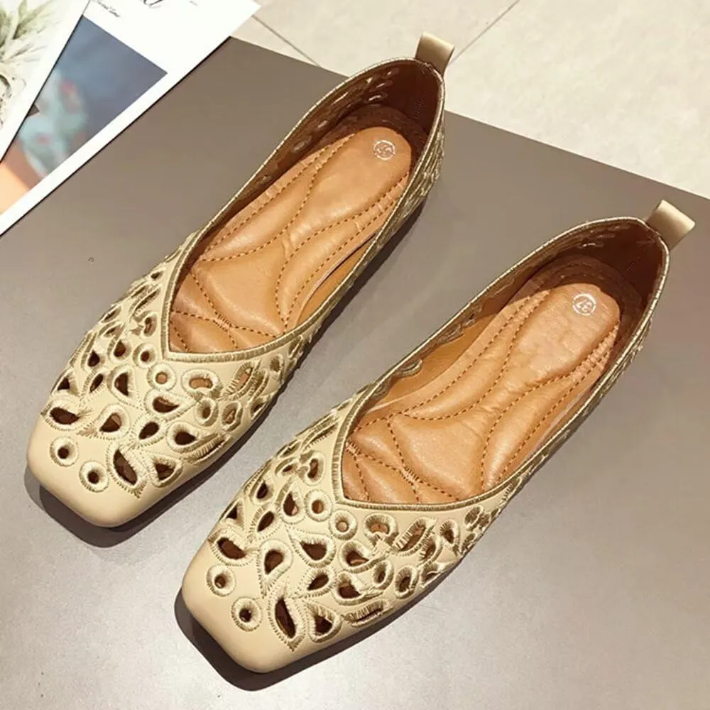 WENJIAZHIZHI Women's Floral Ballet Flats Comfortable Dress Shoes Square Toe Slip on Flat Shoes with Breathable Eyelets