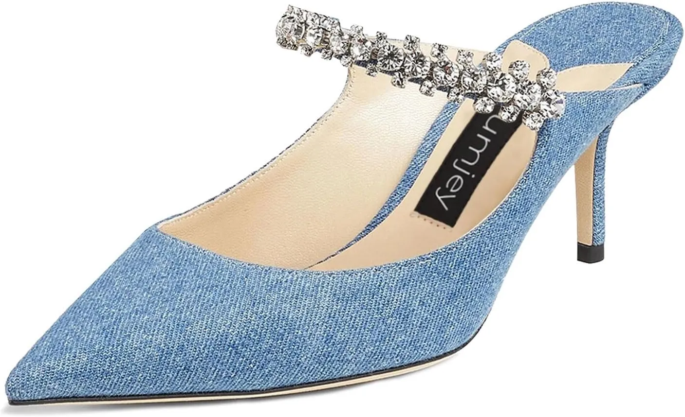 Women Heel Mules Pointy Toe Stiletto Mid Heels Crystals Pumps Slip On Bridal Rhinestones Sandals Wedding Party Dress Shoes