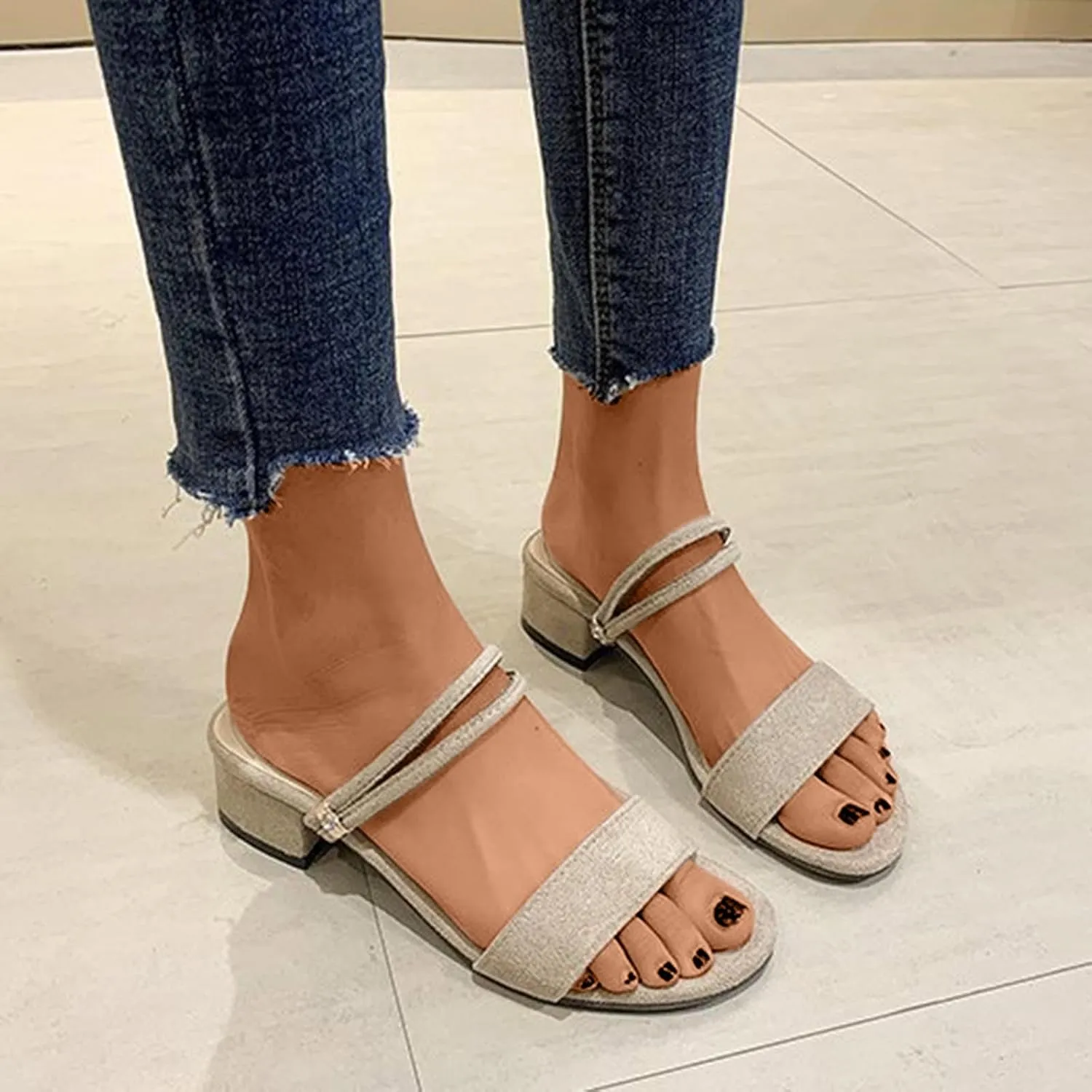 Women's Ankle Double Strappy Sandal Thick Strap Solid Low heel Open Toe Summer Spring Sandals Elegant Trendy Shoe