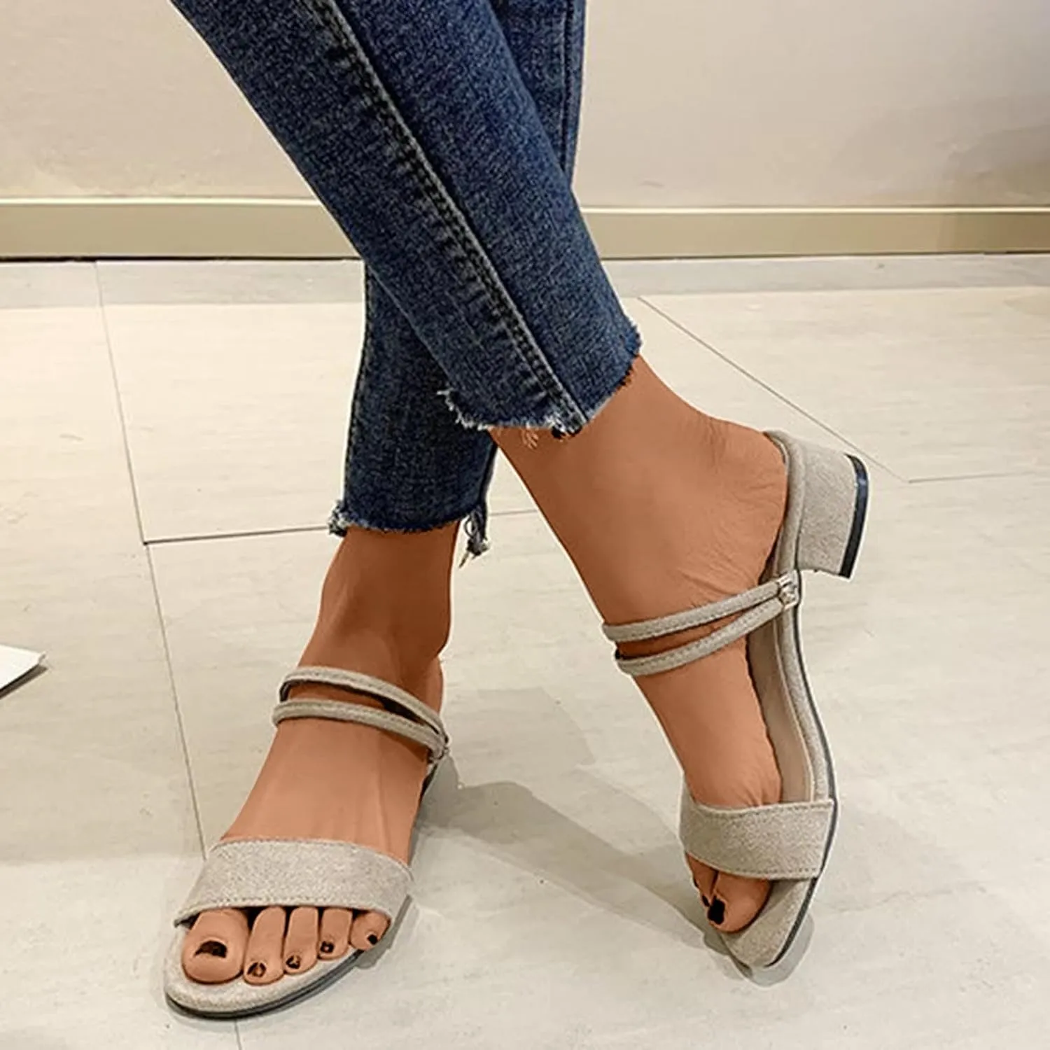 Women's Ankle Double Strappy Sandal Thick Strap Solid Low heel Open Toe Summer Spring Sandals Elegant Trendy Shoe