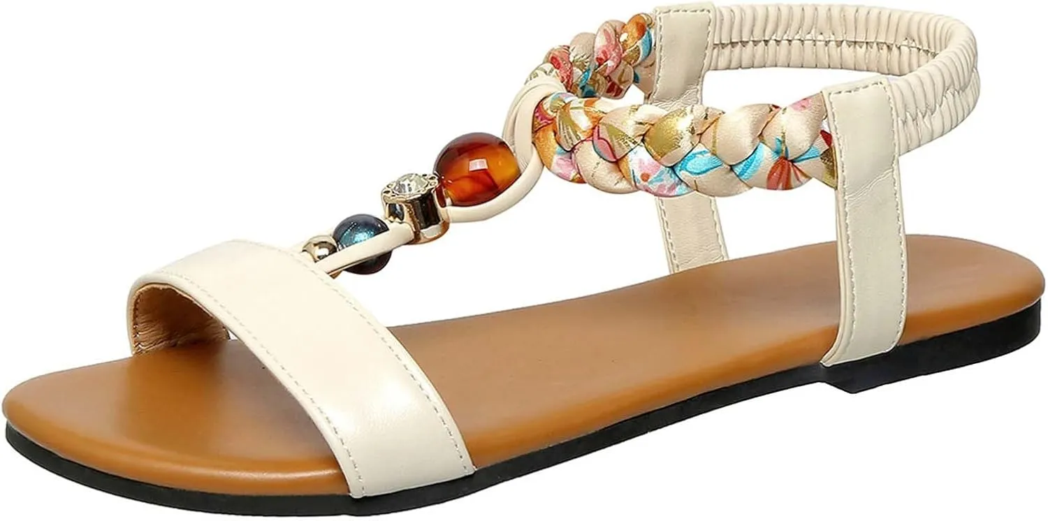 Women's Bohemian Flat Sandals Summer Casual Beach Shoes With Rhinestones Elastic Straps Comfortable Slip Sole For