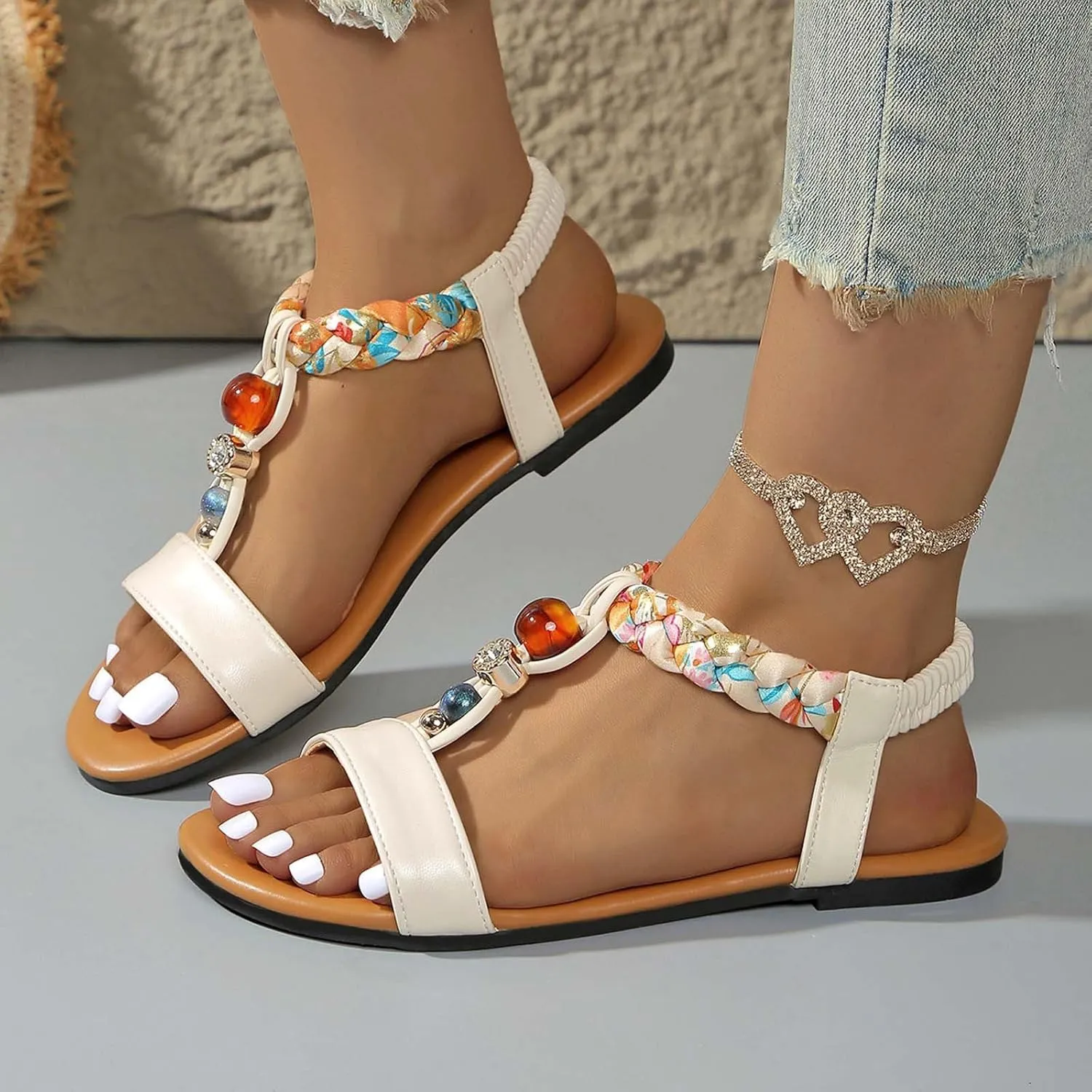 Women's Bohemian Flat Sandals Summer Casual Beach Shoes With Rhinestones Elastic Straps Comfortable Slip Sole For