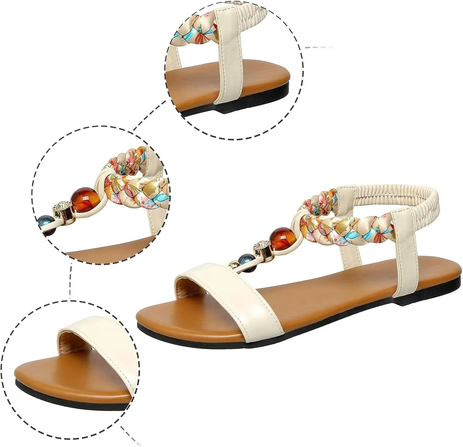Women's Bohemian Flat Sandals Summer Casual Beach Shoes With Rhinestones Elastic Straps Comfortable Slip Sole For