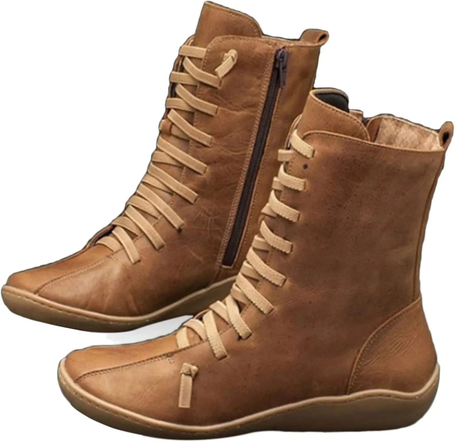 Womens Boots Retro Side Zipper Round Toe Mid-Calf Boots for Women Soft Comfortable Leather Ankle Boots