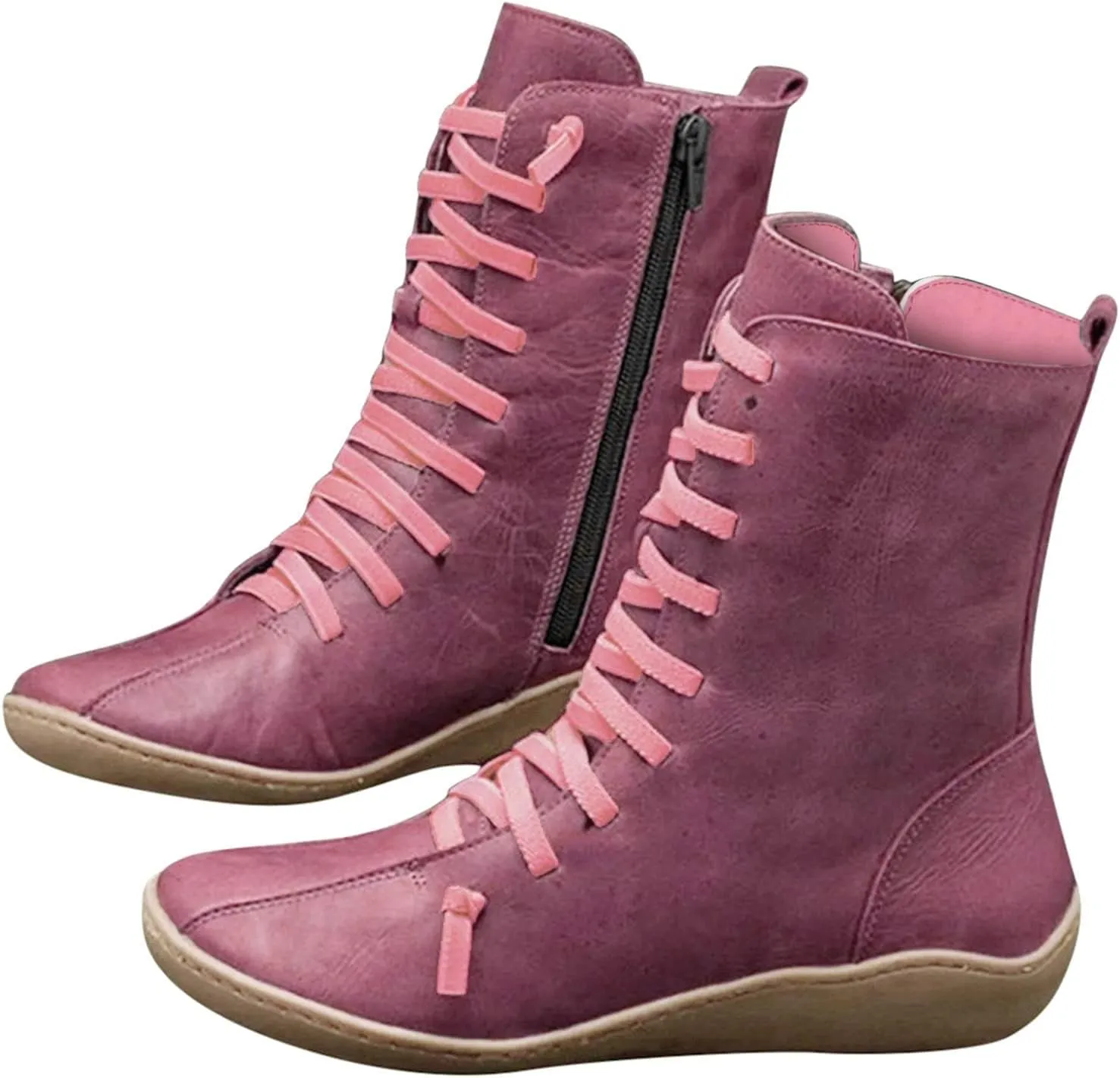Womens Boots Retro Side Zipper Round Toe Mid-Calf Boots for Women Soft Comfortable Leather Ankle Boots