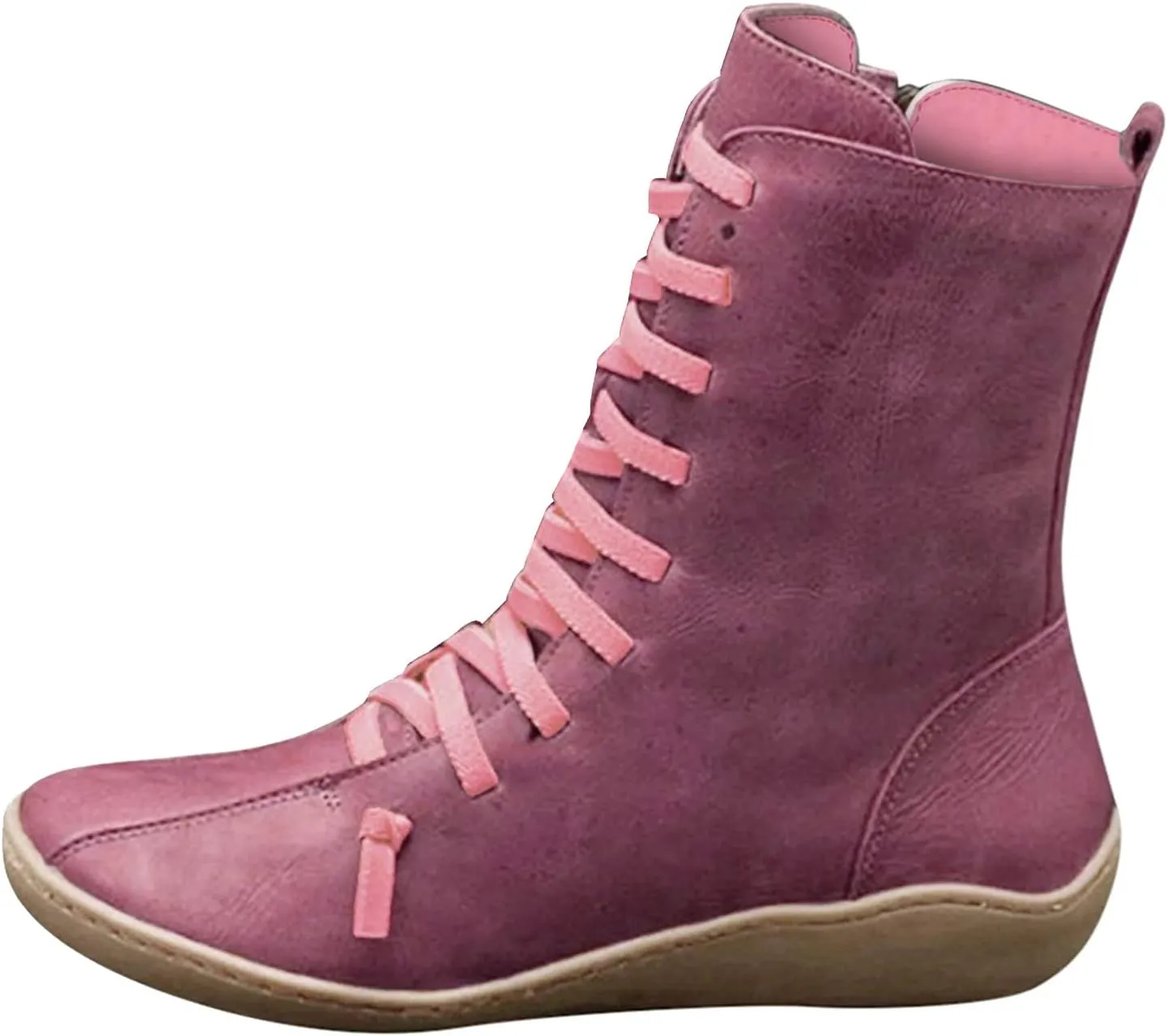 Womens Boots Retro Side Zipper Round Toe Mid-Calf Boots for Women Soft Comfortable Leather Ankle Boots