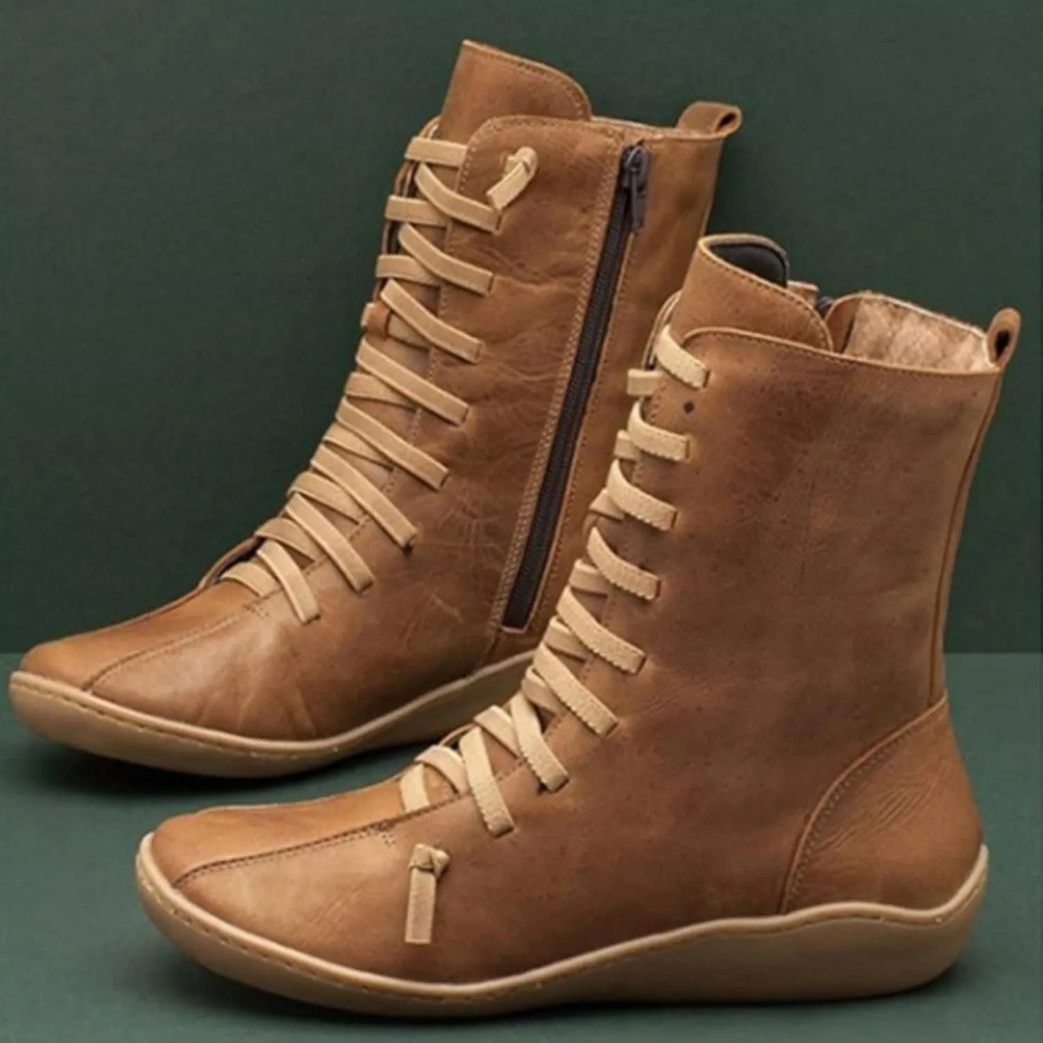 Womens Boots Retro Side Zipper Round Toe Mid-Calf Boots for Women Soft Comfortable Leather Ankle Boots