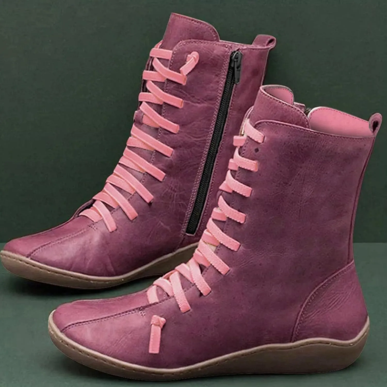 Womens Boots Retro Side Zipper Round Toe Mid-Calf Boots for Women Soft Comfortable Leather Ankle Boots