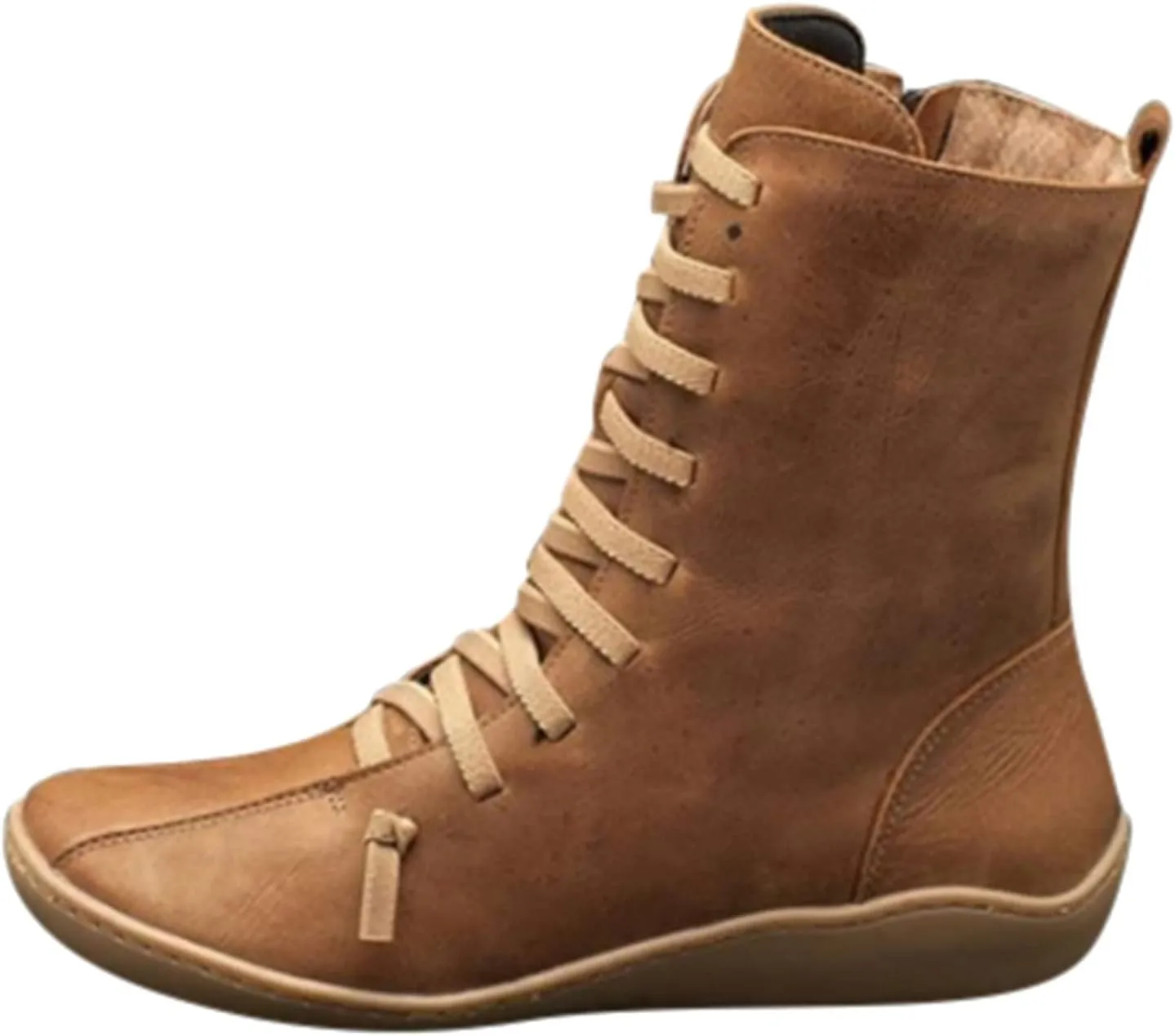 Womens Boots Retro Side Zipper Round Toe Mid-Calf Boots for Women Soft Comfortable Leather Ankle Boots