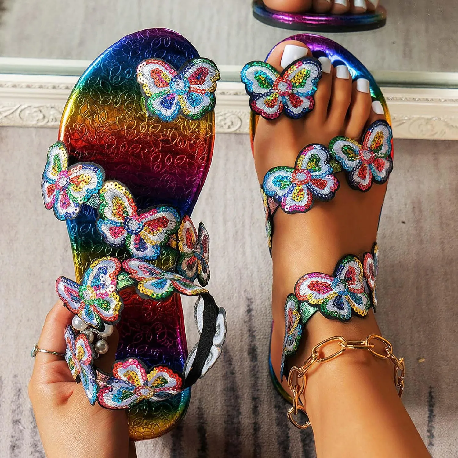 Women's Colorful Sexy Flat Sandals Summer Casual Western Trendy Plus Size 2024 Sequin Ladies Beach Color Changing Y2K, 7