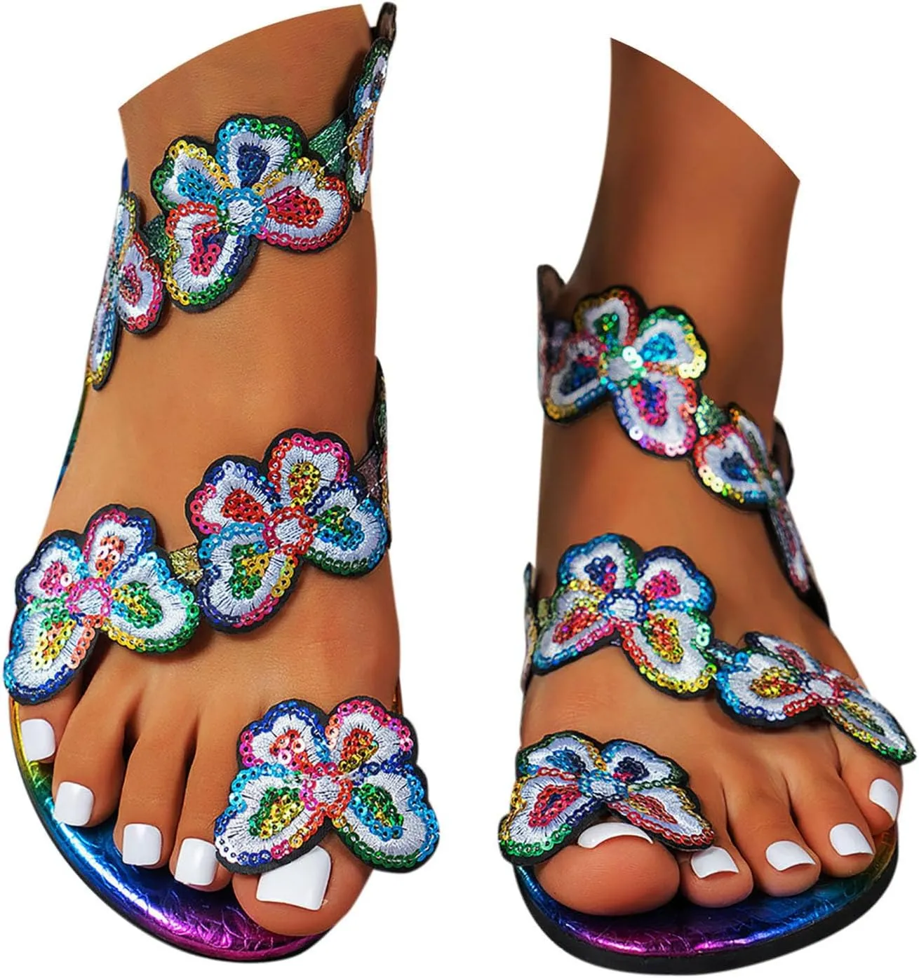 Women's Colorful Sexy Flat Sandals Summer Casual Western Trendy Plus Size 2024 Sequin Ladies Beach Color Changing Y2K, 7