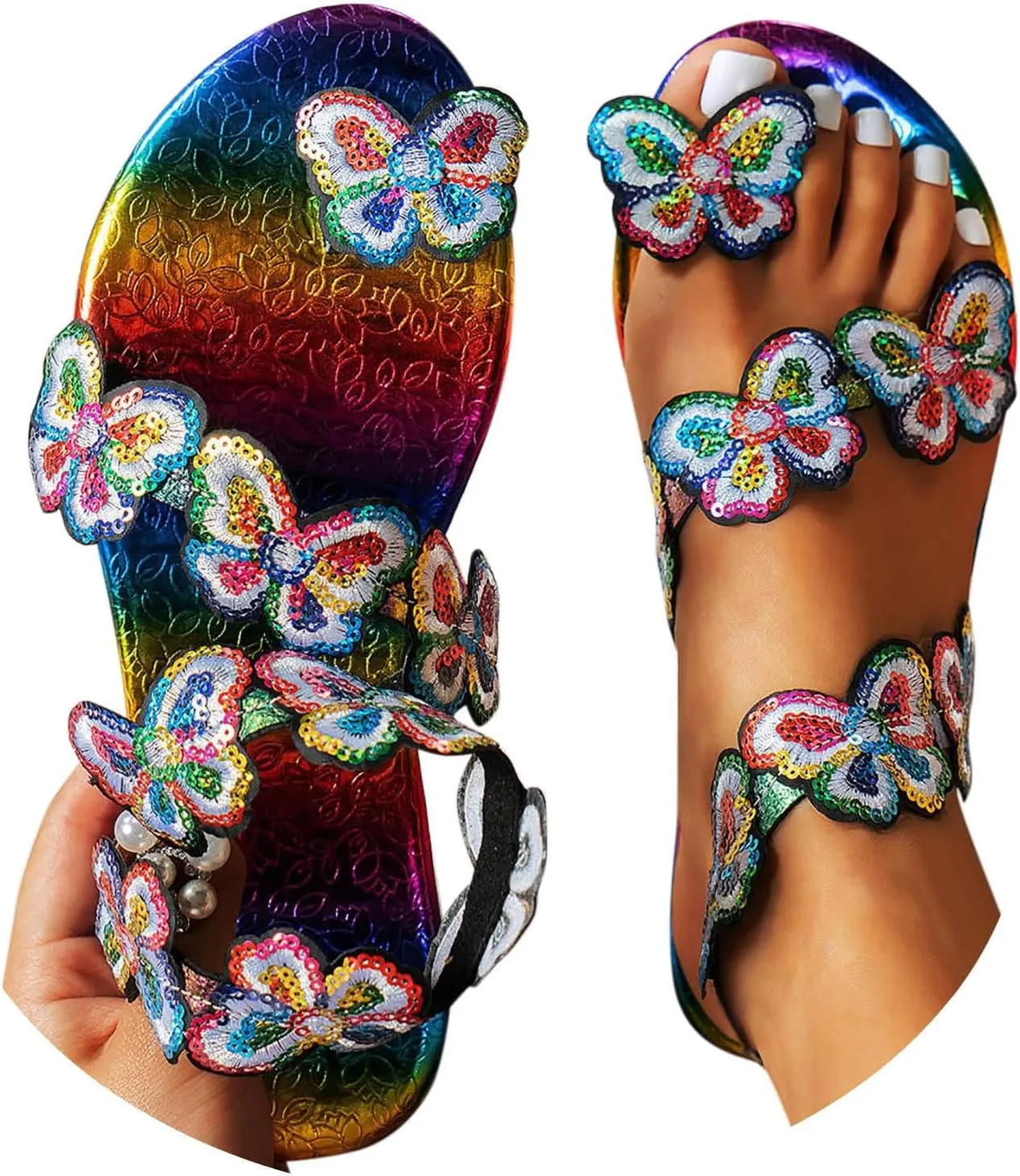 Women's Colorful Sexy Flat Sandals Summer Casual Western Trendy Plus Size 2024 Sequin Ladies Beach Color Changing Y2K, 7