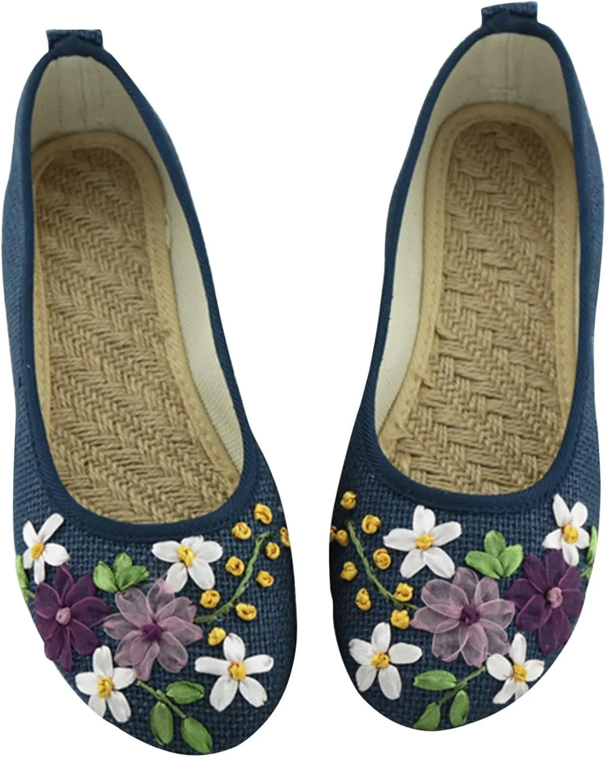 Women's Comfortable Flat Shoes Slip On Breathable Embroidery Shoes Lightweight Linen Ballet Flats for Women