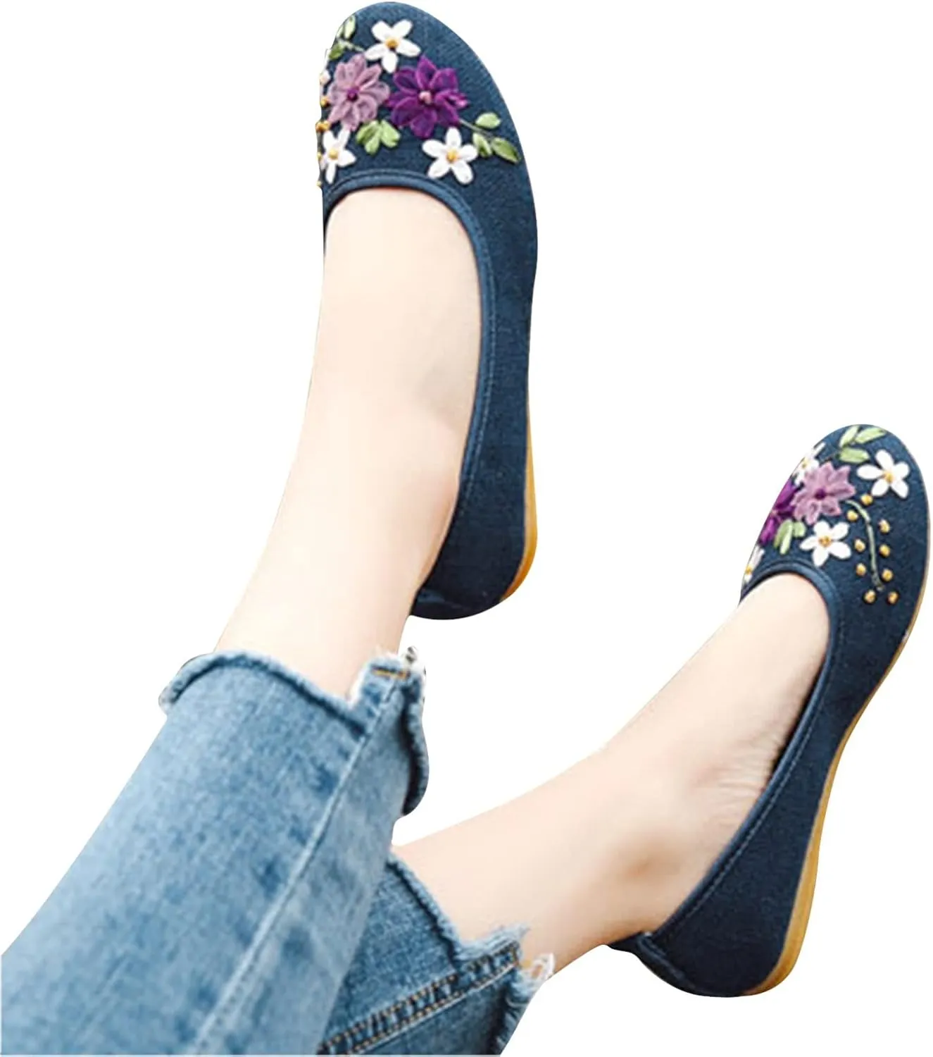 Women's Comfortable Flat Shoes Slip On Breathable Embroidery Shoes Lightweight Linen Ballet Flats for Women