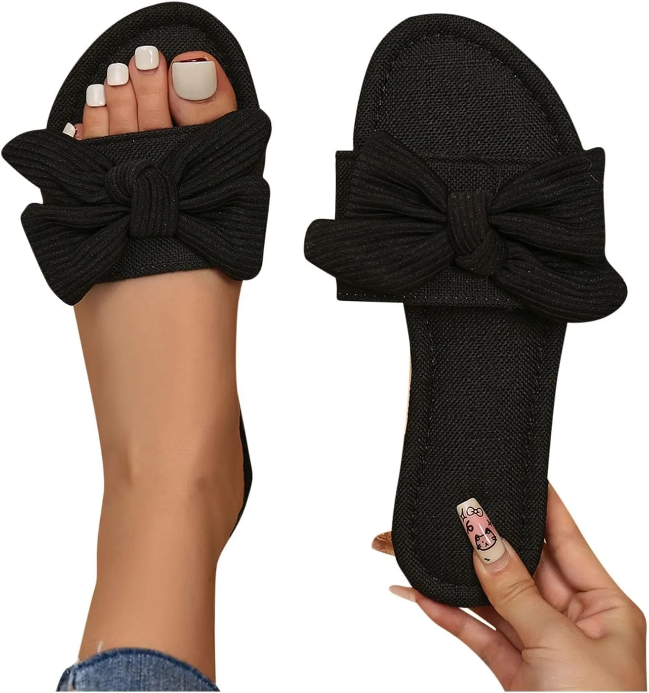 Women's Flat Slippers Summer Comfortable Soft Indoor Slide Slippers With Bow 2025 Trendy Cute Solid Open Toe Sandals