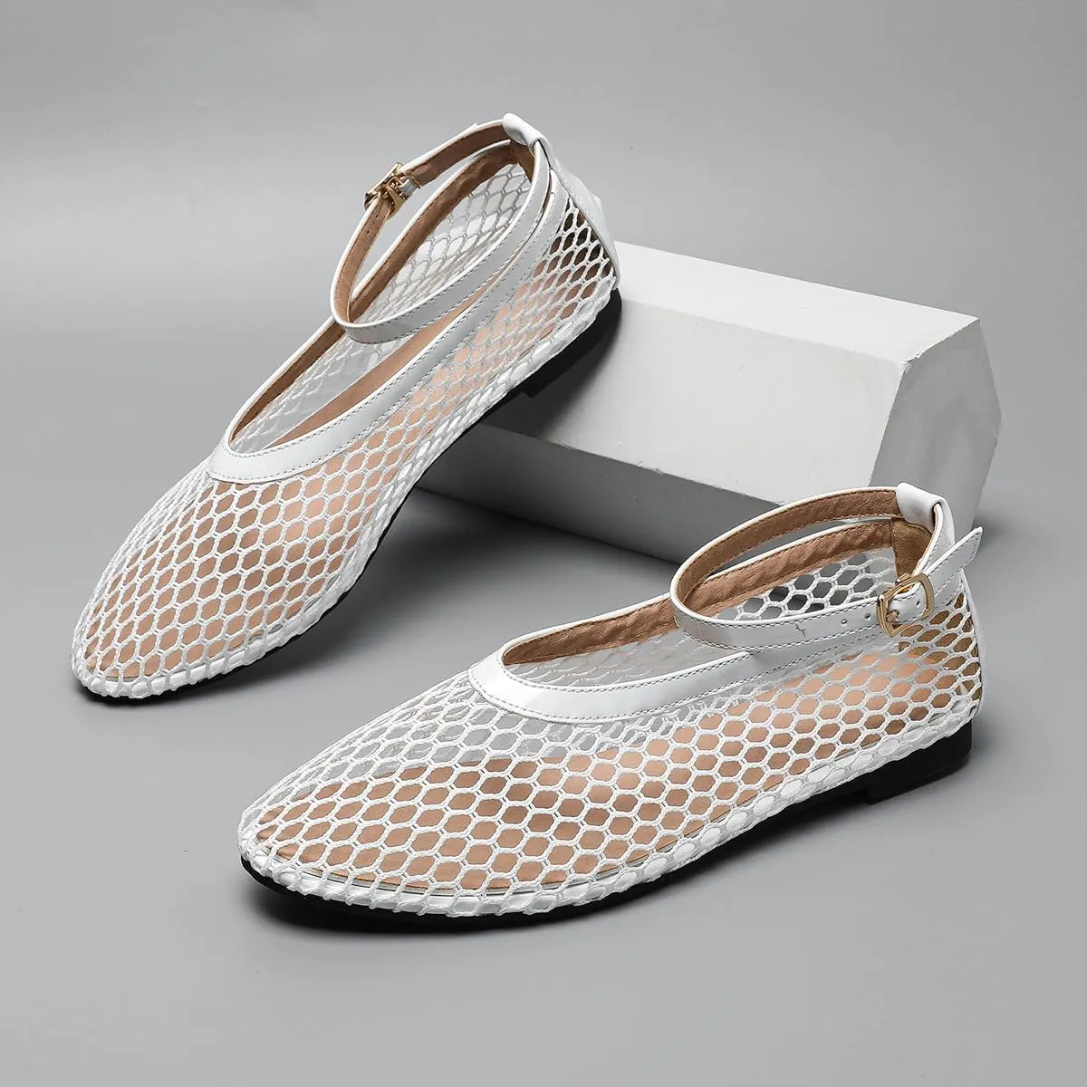 Women's Mesh Ballet Flats Ankle Strap Mary Jane Style Breathable Metal Buckle shoes Summer Casual Daily Dress Fishnet Flats