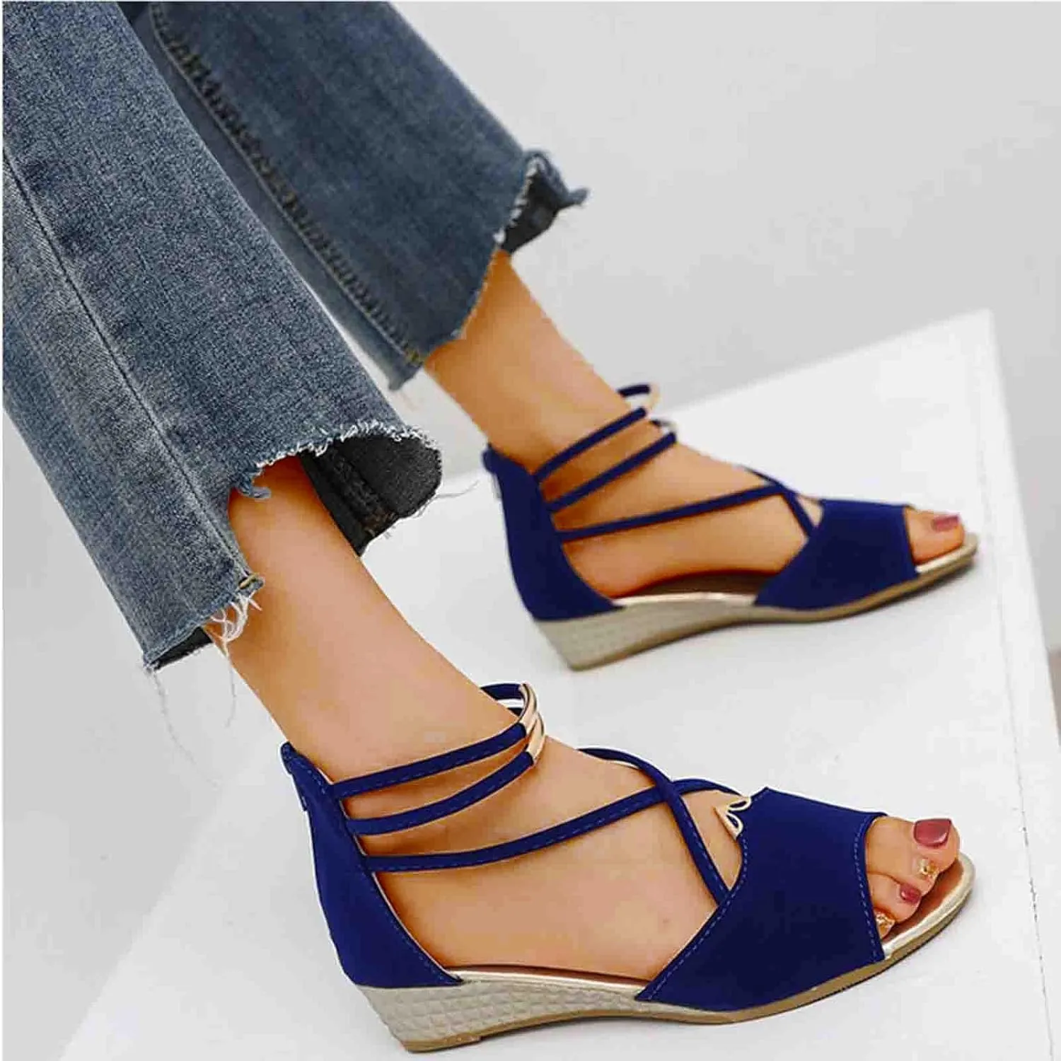Women's Open Toe Solid Sandals Back Zipper Strappy Trendy Flat Elegant Business Summer Sandal High Elastic Shoe