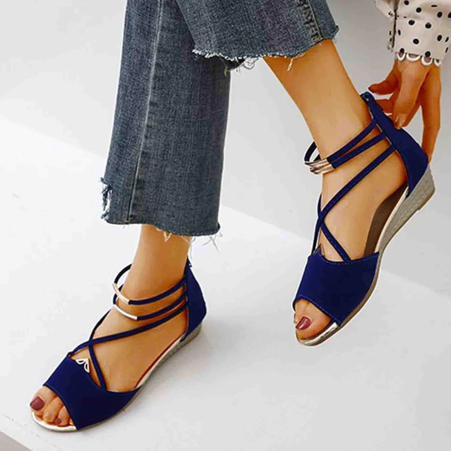 Women's Open Toe Solid Sandals Back Zipper Strappy Trendy Flat Elegant Business Summer Sandal High Elastic Shoe
