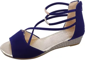 Women's Open Toe Solid Sandals Back Zipper Strappy Trendy Flat Elegant Business Summer Sandal High Elastic Shoe