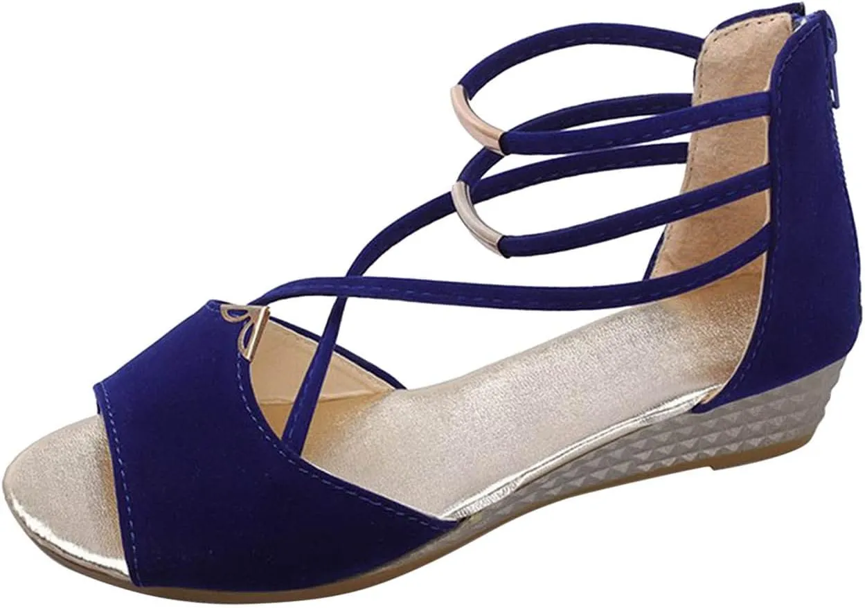Women's Open Toe Solid Sandals Back Zipper Strappy Trendy Flat Elegant Business Summer Sandal High Elastic Shoe