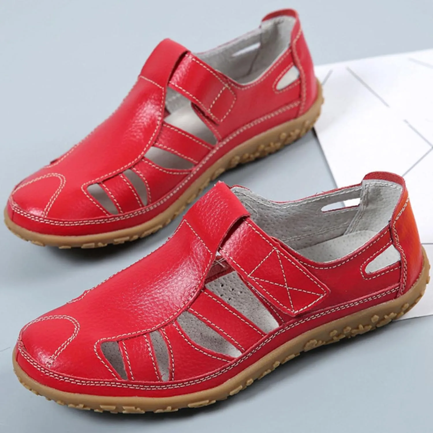 Women's Rubber Sole Orthopedic Sandals Anti-Slip Hollow Out Shoe Hook and Loop Closed Toe Trendy Flats