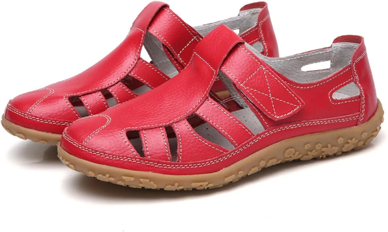 Women's Rubber Sole Orthopedic Sandals Anti-Slip Hollow Out Shoe Hook and Loop Closed Toe Trendy Flats