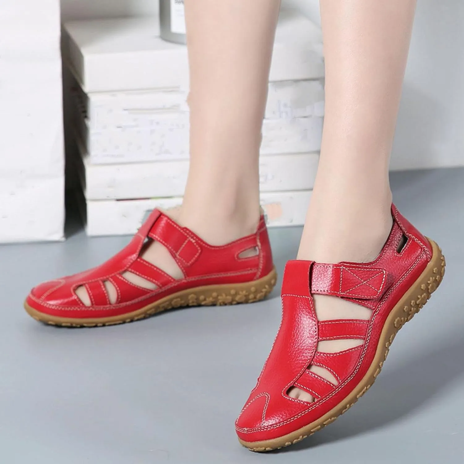 Women's Rubber Sole Orthopedic Sandals Anti-Slip Hollow Out Shoe Hook and Loop Closed Toe Trendy Flats