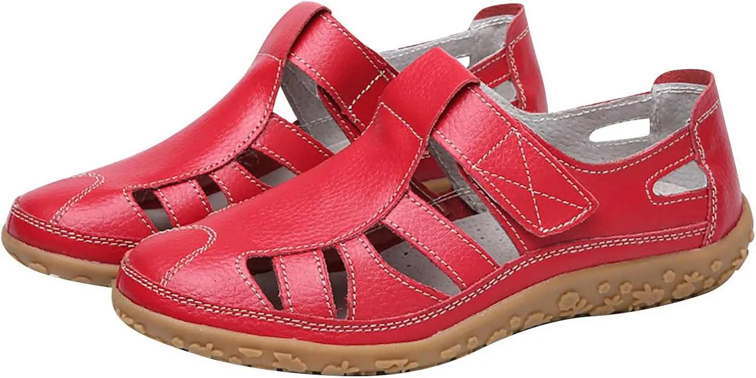 Women's Rubber Sole Orthopedic Sandals Anti-Slip Hollow Out Shoe Hook and Loop Closed Toe Trendy Flats