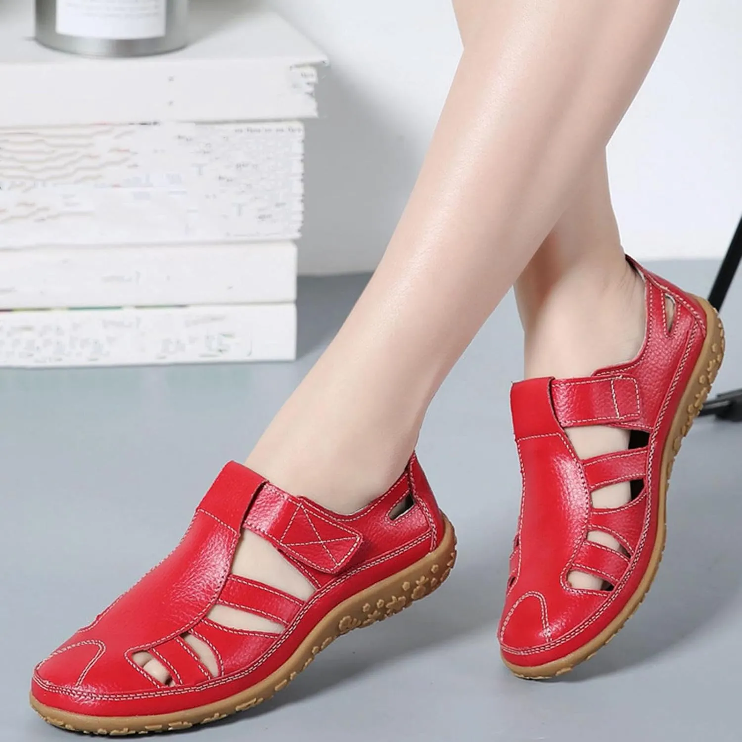 Women's Rubber Sole Orthopedic Sandals Anti-Slip Hollow Out Shoe Hook and Loop Closed Toe Trendy Flats