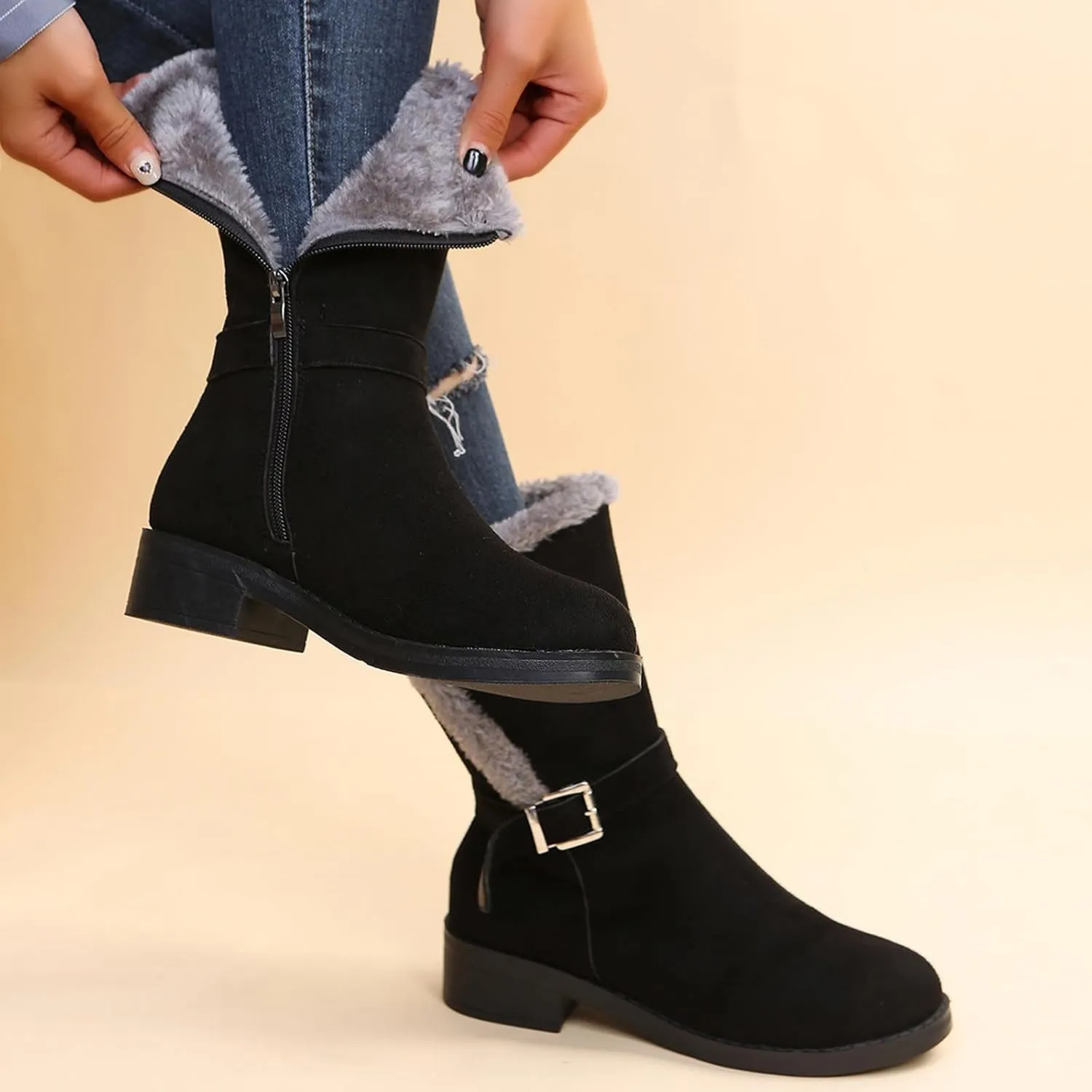 Women's Winter Snow Boots Warm Fur Lined Mid Calf Boots Side Zipper Comfortable Outdoor Shoes