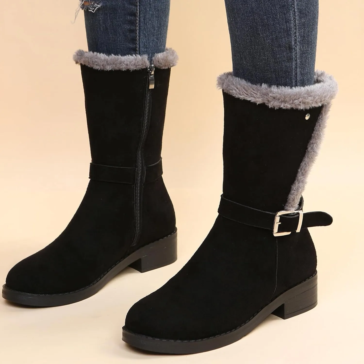 Women's Winter Snow Boots Warm Fur Lined Mid Calf Boots Side Zipper Comfortable Outdoor Shoes