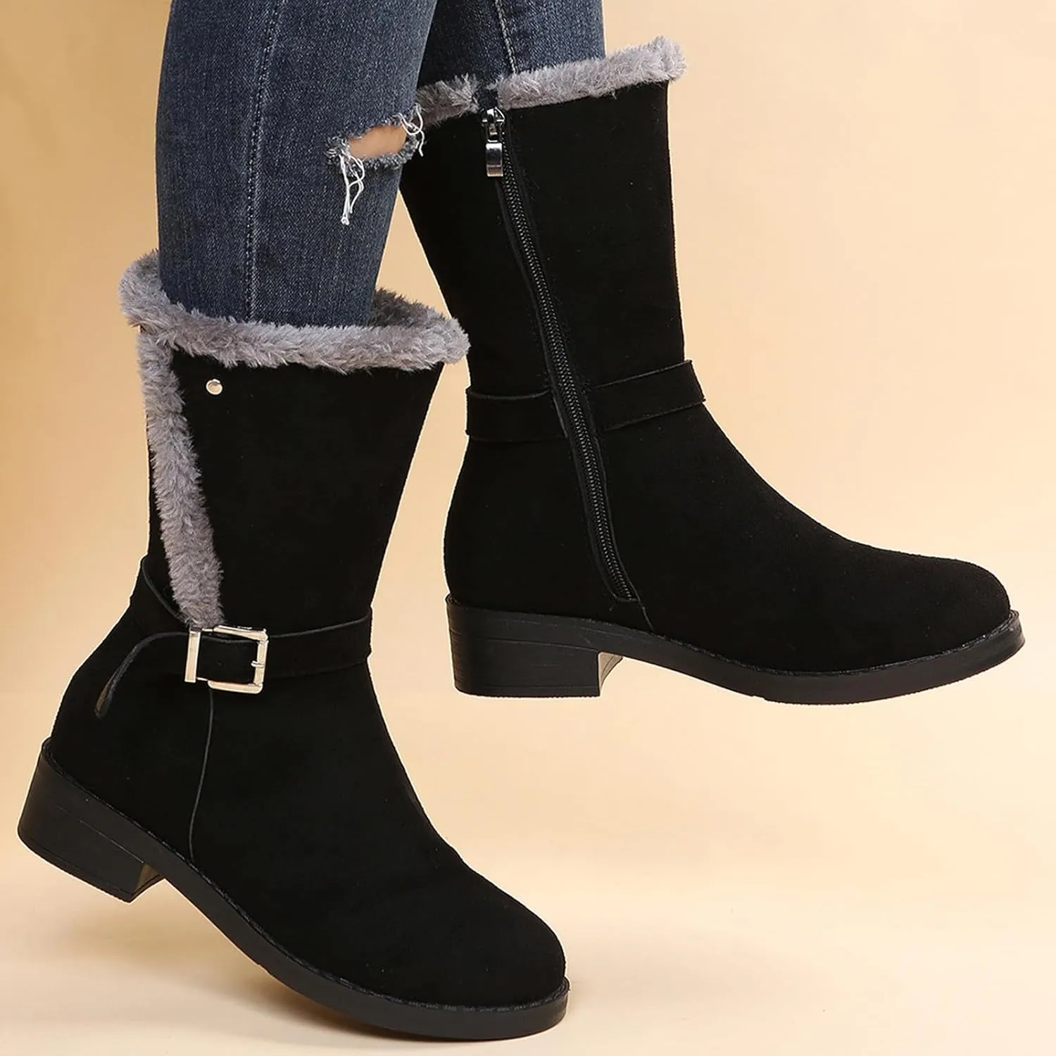 Women's Winter Snow Boots Warm Fur Lined Mid Calf Boots Side Zipper Comfortable Outdoor Shoes