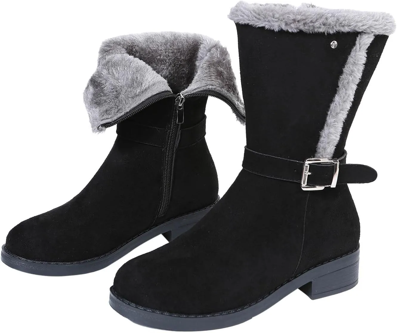 Women's Winter Snow Boots Warm Fur Lined Mid Calf Boots Side Zipper Comfortable Outdoor Shoes